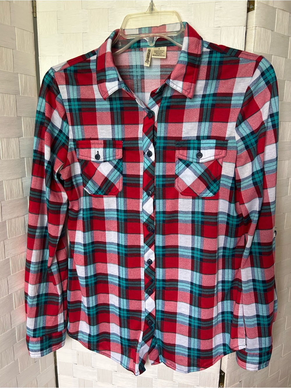 Passport Girl’s Red and Teal Plaid Long Sleeve Button Down Shirt